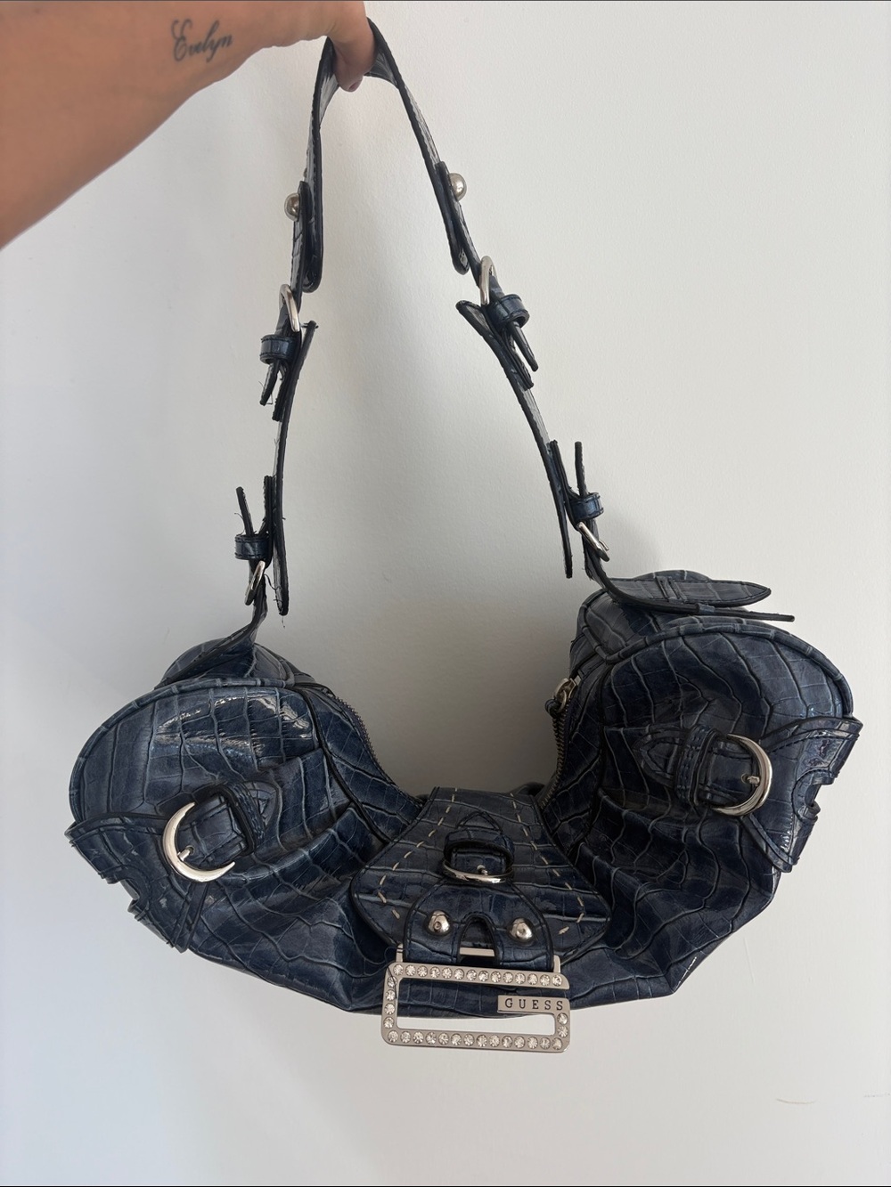 RARE Y2K VINTAGE GUESS OCEAN BLUE LARGE CROC HOBO BAGUETTE PURSE